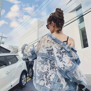 Long Sleeve Semi-Sheer Embroidered Geometric Pattern Denim Jacket - Loose Fit, Casual Street Style, Hand Washable, Non-Stretch, Woven Fabric, Perfect for Spring, Summer, Fall, and Winter - Distressed Patchwork Design, No Printing, Not Waterproof