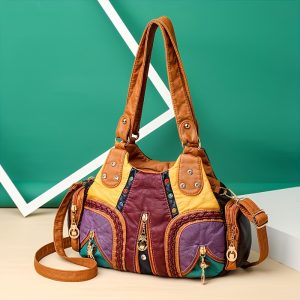 Single Shoulder Crossbody Bag Colorful Splicing Large Capacity Multi-layer Washed Leather Middle-aged Bag